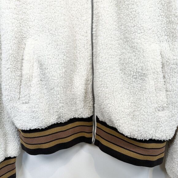 Mystree Jacket Womens Large Cream Brown Sherpa Teddy Bomber Stripe Faux Sherling - Picture 4 of 16